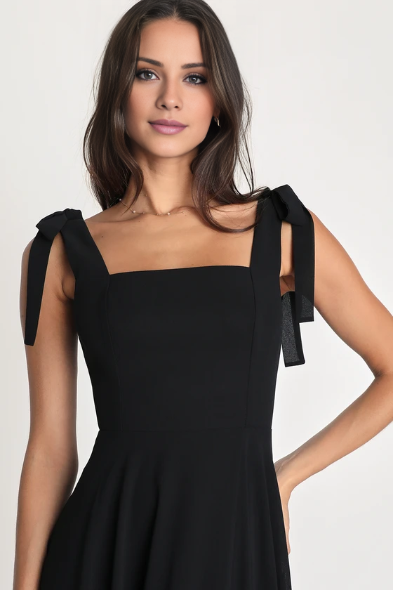 Black Chiffon A-Line Square Neck Floor-Length Bridesmaid Dress with Self-Tie Straps & High Slit