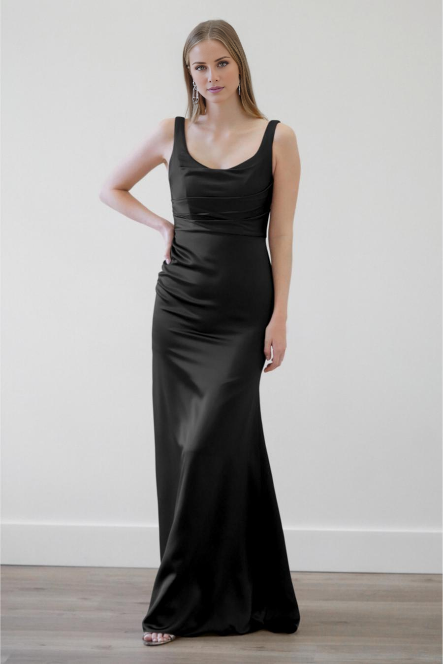 Vestido de noche Jimiss con escote cuadrado, plisado, sin espalda y largo hasta el suelo