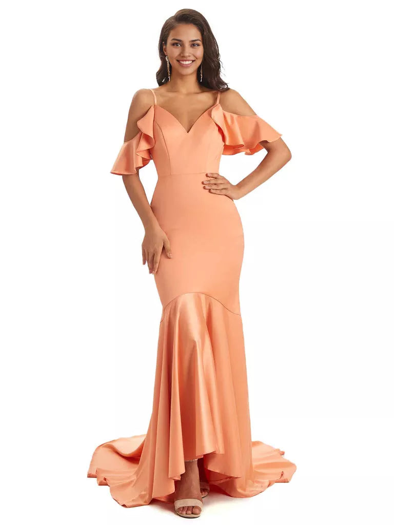 Soft Satin Asymmetric Spaghetti Straps Sleeveless Mermaid Cold Shoulder Bridesmaid Dresses