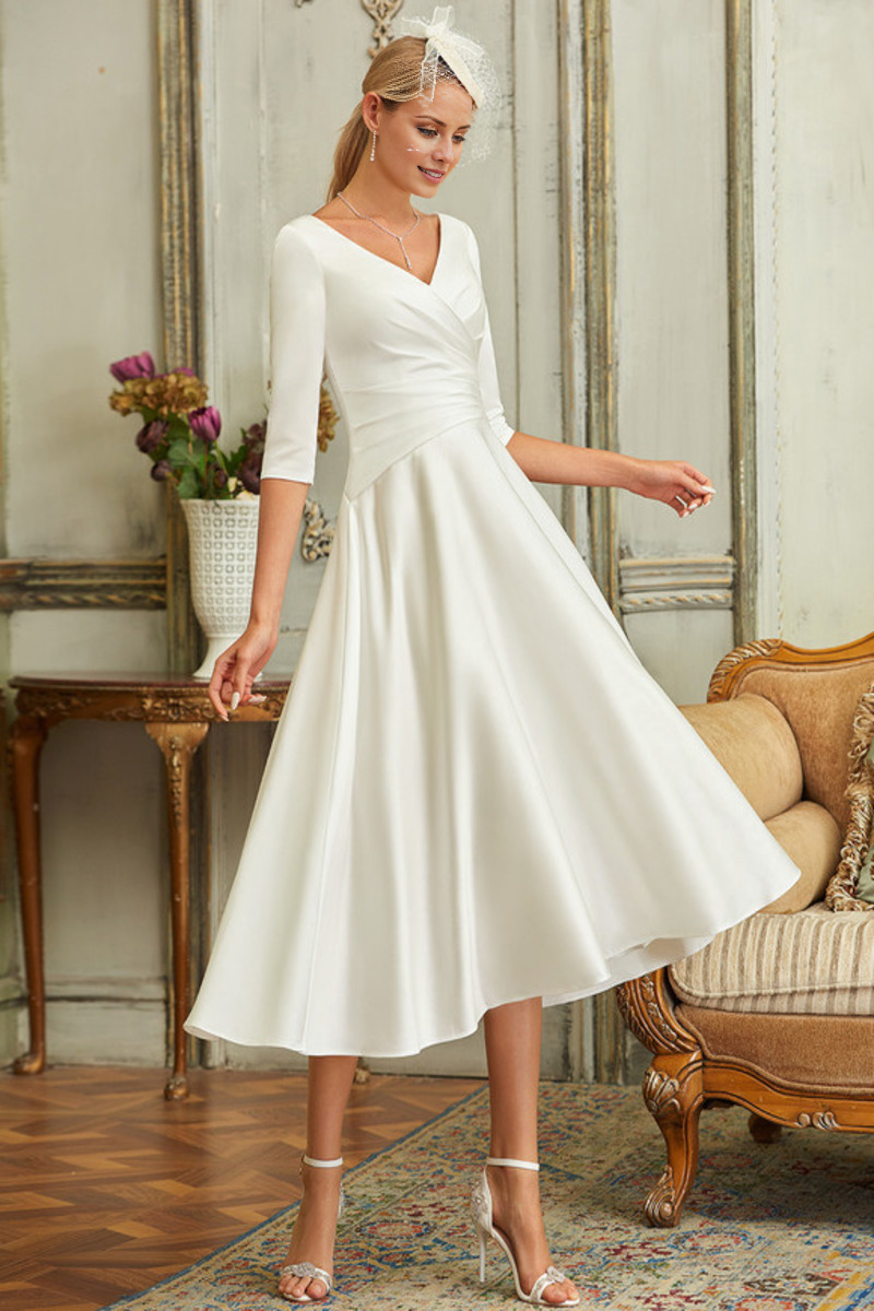 Ivory Satin Tea-Length A-Line V-Neck Dress with Draped Bodice
