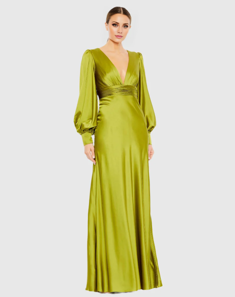 Vestido de noche largo hasta el suelo de satén con cuello en V y manga larga