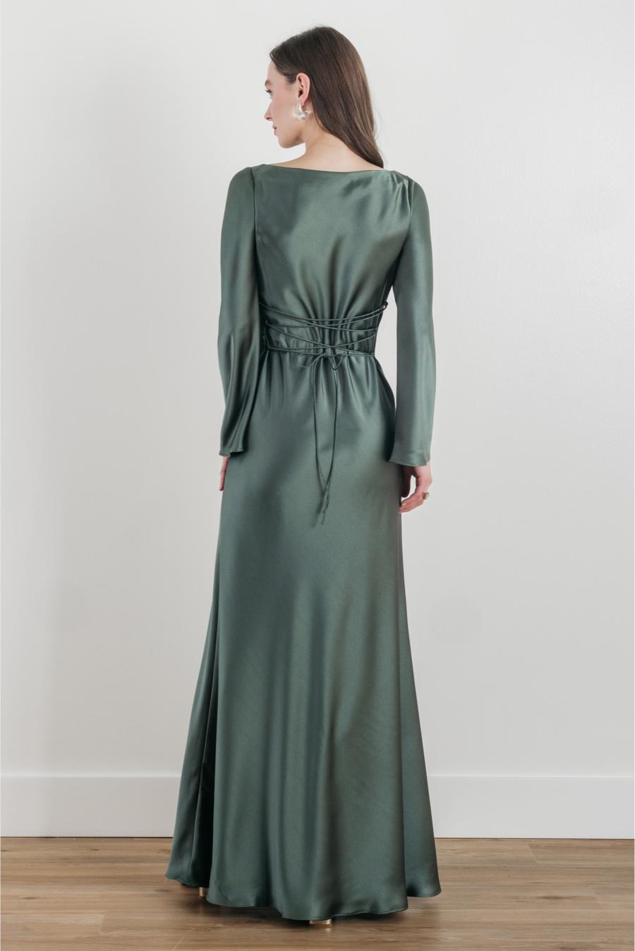 Jimiss boat neckline long sleeved satin and floor length evening dress