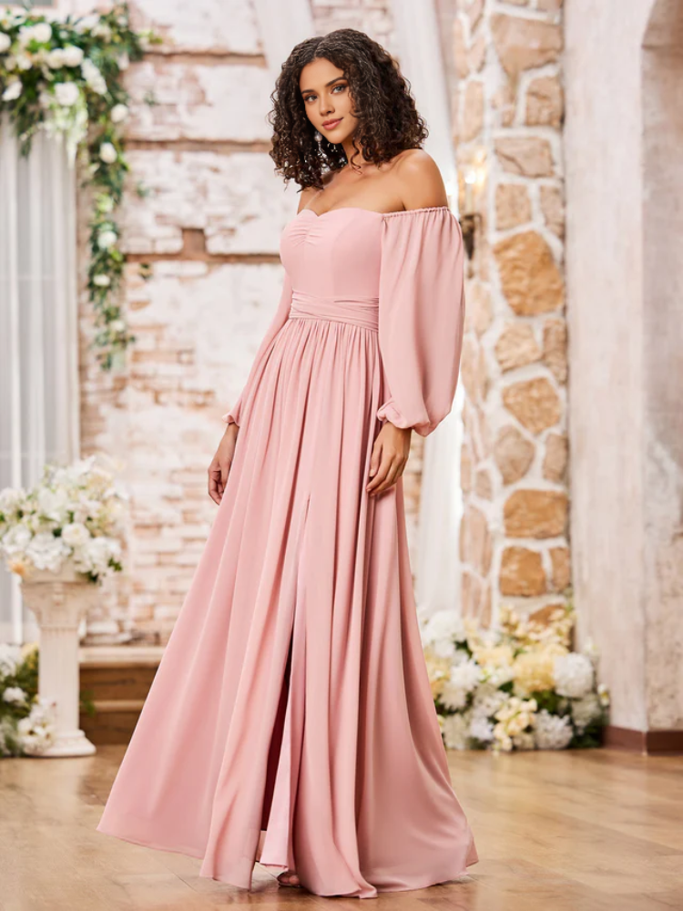 Blushing Pink Chiffon A-Line Off-the-Shoulder Floor-Length Dress with Ruched Bodice & High Slit
