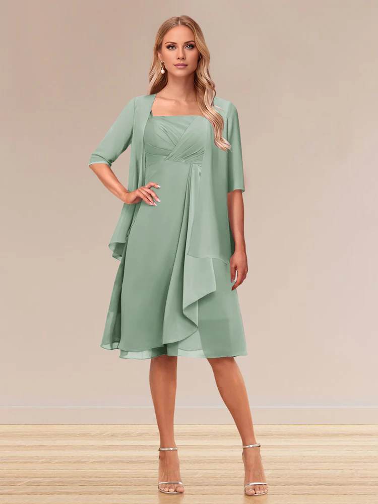Dusty Rose Chiffon A-Line Tea-Length Mother of the Bride Dress with Pleated Bodice