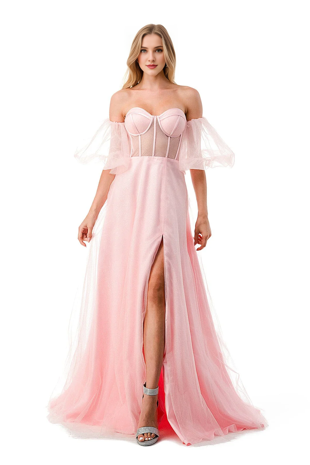 Vestido tipo corsé ajustado transparente con mangas abullonadas y corte en A