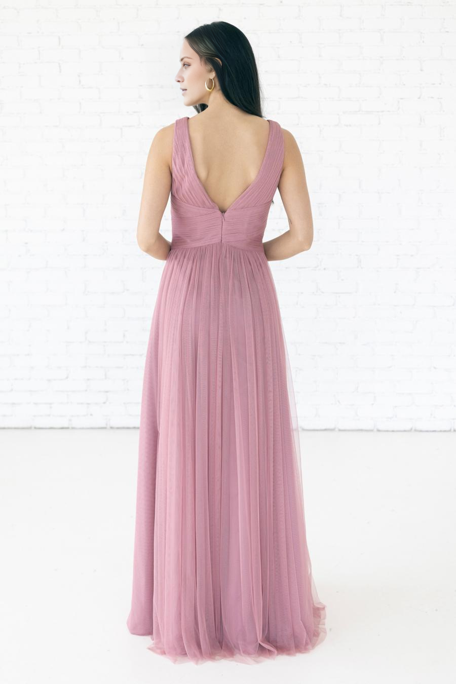 Dusty Rose Tulle A-Line Floor-Length V-Neck Dress with Ruched Bodice