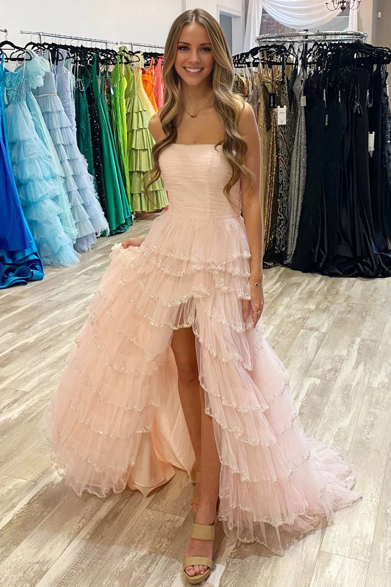 Sky Blue Tulle A-Line Floor-Length Gown with Tiered Ruffles + High Slit