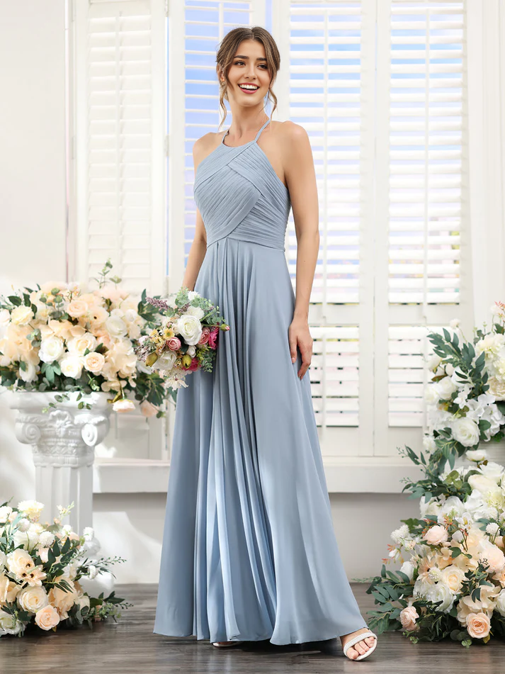 Chiffon Halter Neck Ruched Bodice A-Line Floor-Length Elegant Bridesmaid Dress