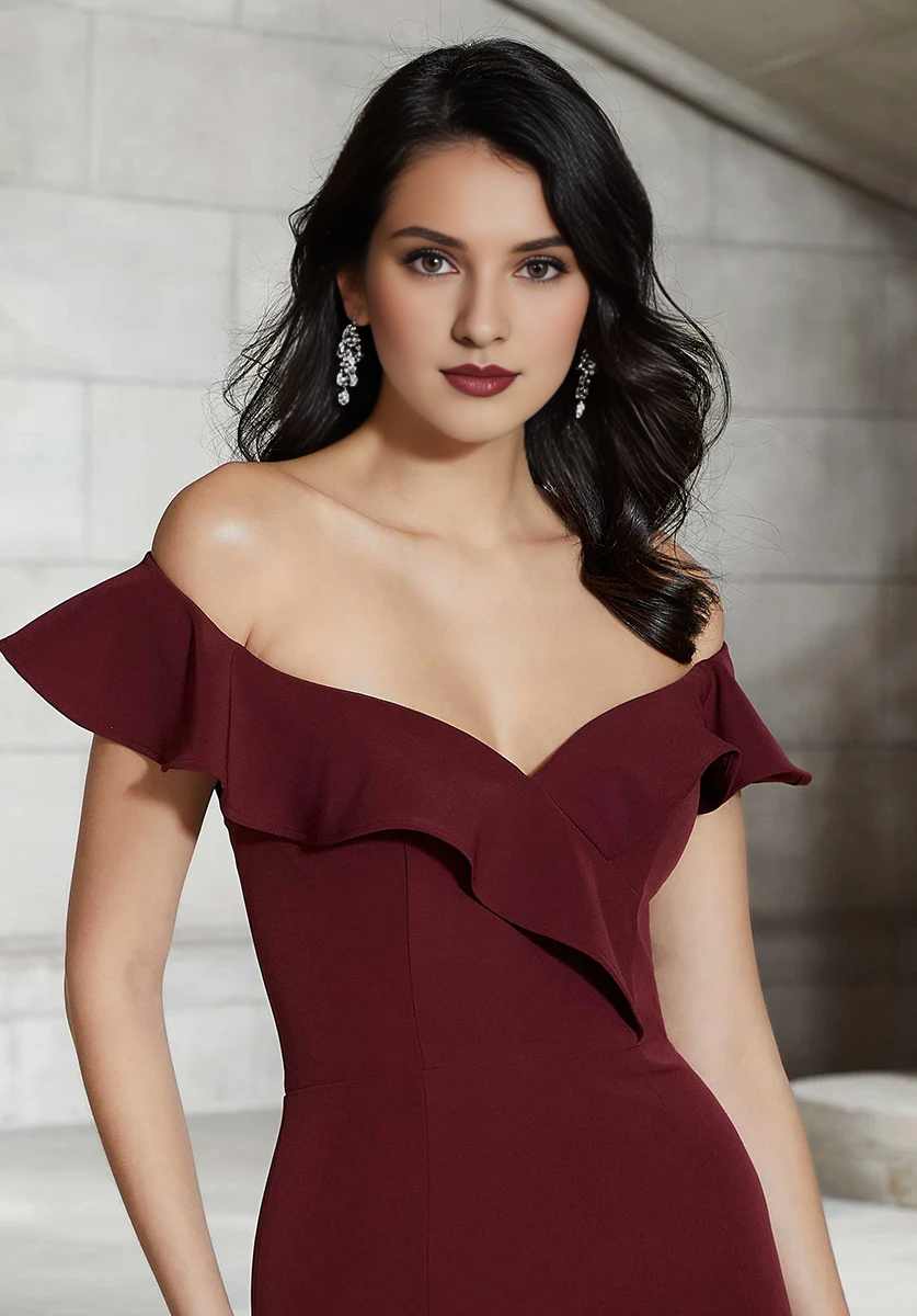 Vestidos de noche estilo sirena con hombros descubiertos, bordes con volantes y largo hasta el suelo.