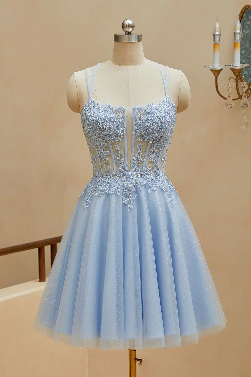 Sky Blue Tulle A-Line Short Dress with Lace Applique V-Neck Bodice and Glitter Skirt