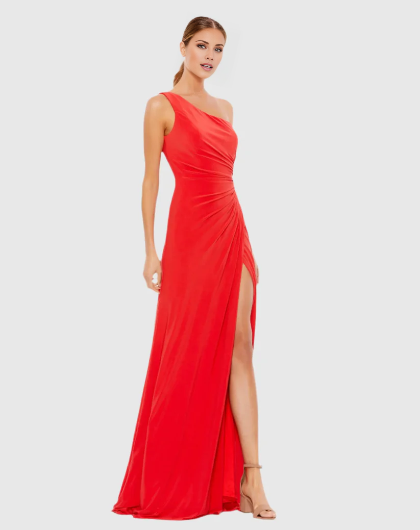 Vestido de noche largo hasta el suelo con abertura lateral, sin mangas y escote de un solo hombro