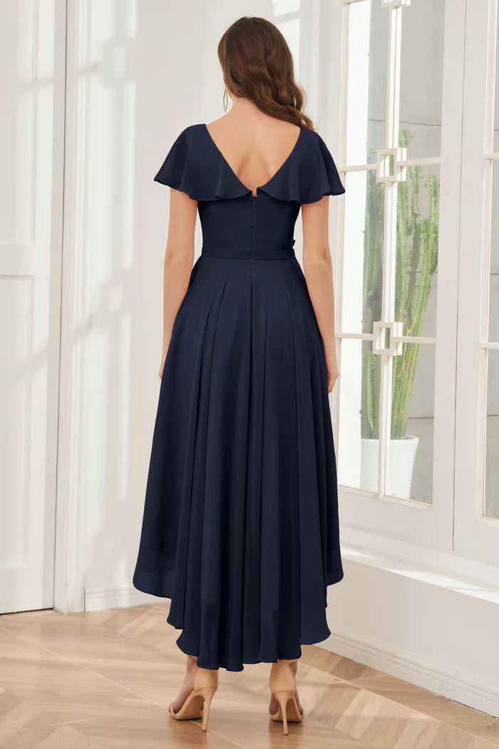 V-neck high-low short sleeved tea long bridesmaid dress