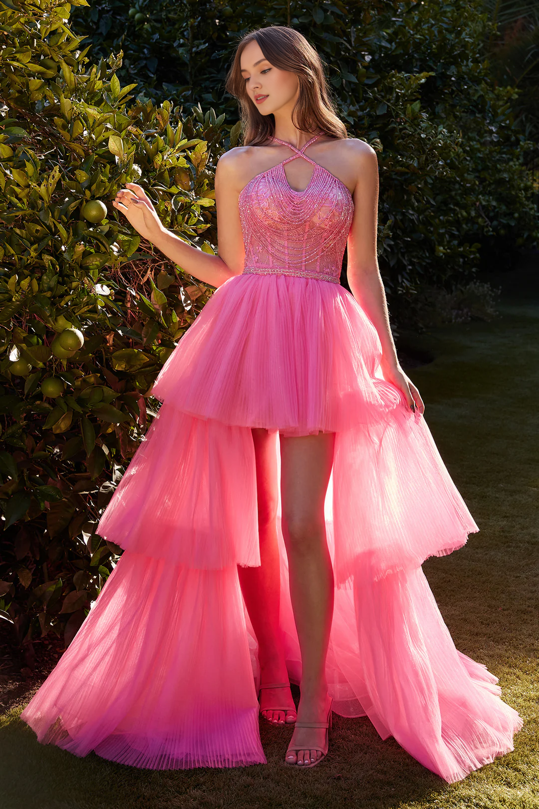 Pink Tulle A-Line Asymmetrical Dress with Halter neckline & Beaded bodice + Tiered high-low skirt for Prom, Cocktail Parties, and Homecoming