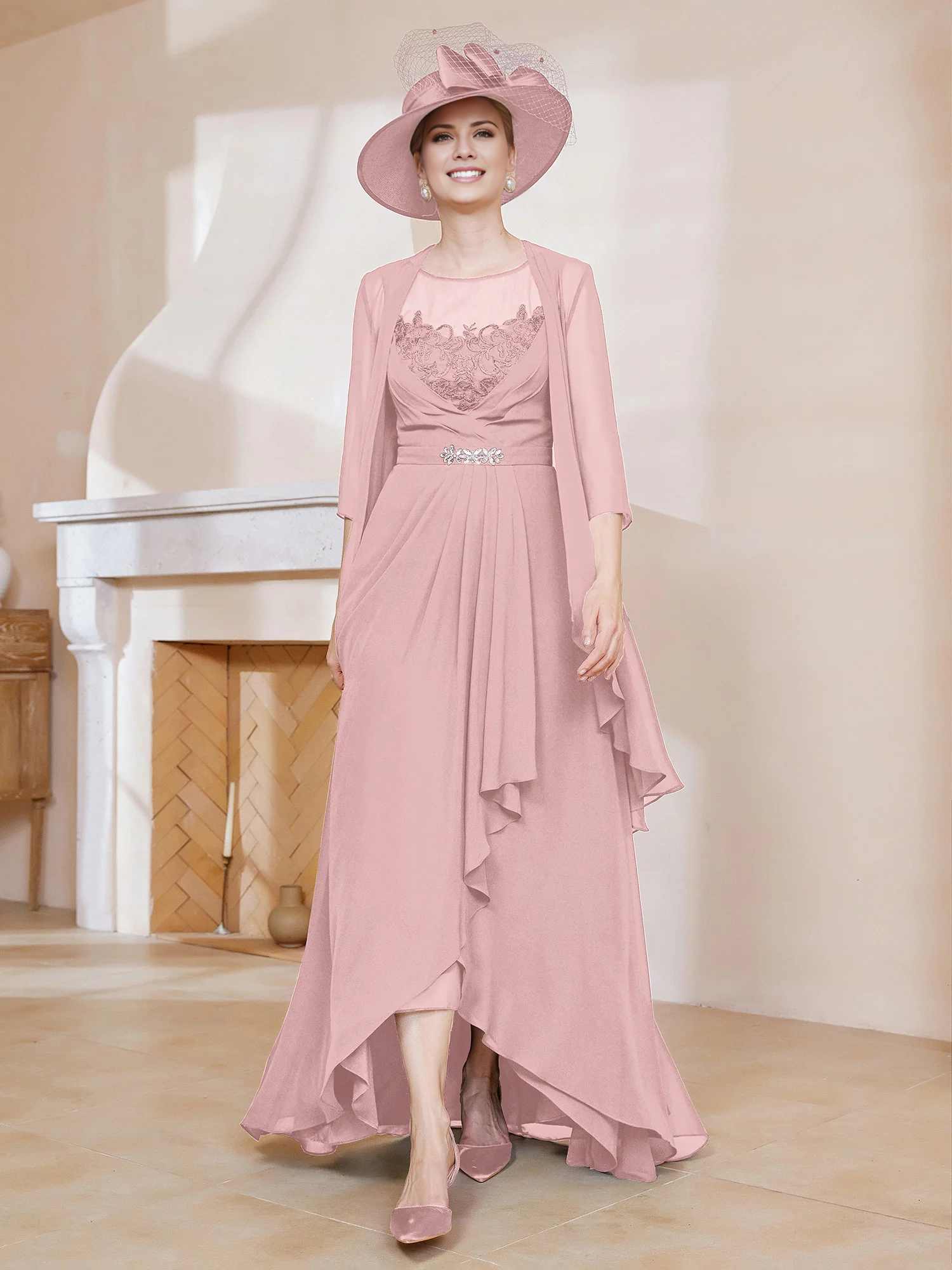 Illusion Neck Dark Navy Chiffon A-Line High-Low Dress with Draped Skirt