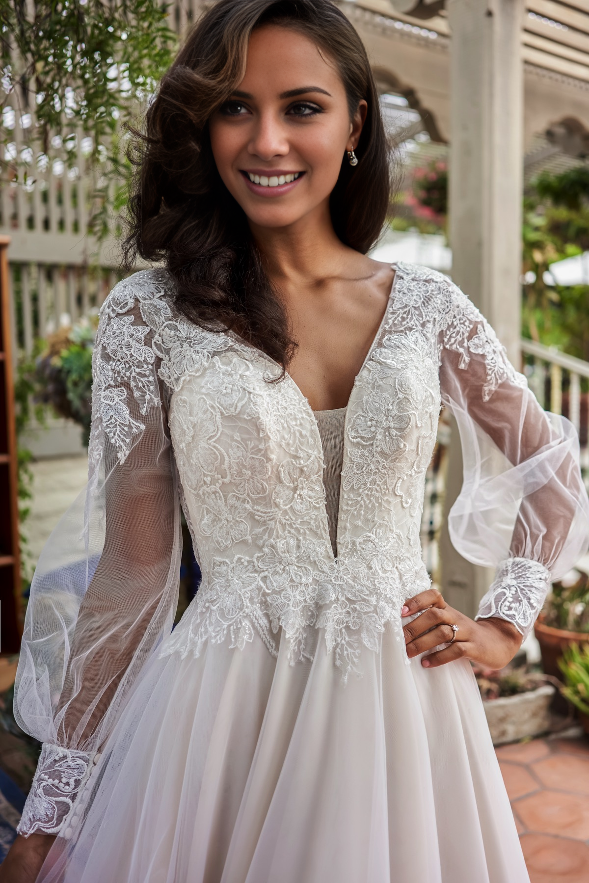 Ivory Lace A-Line Floor-Length Evening Dress with Illusion V-Neck & Puff Sleeves