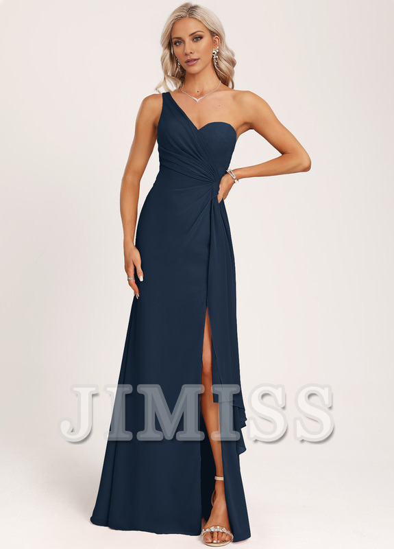 Vestido de dama de honor de gasa con volantes, corte A, un hombro al aire y largo hasta el suelo