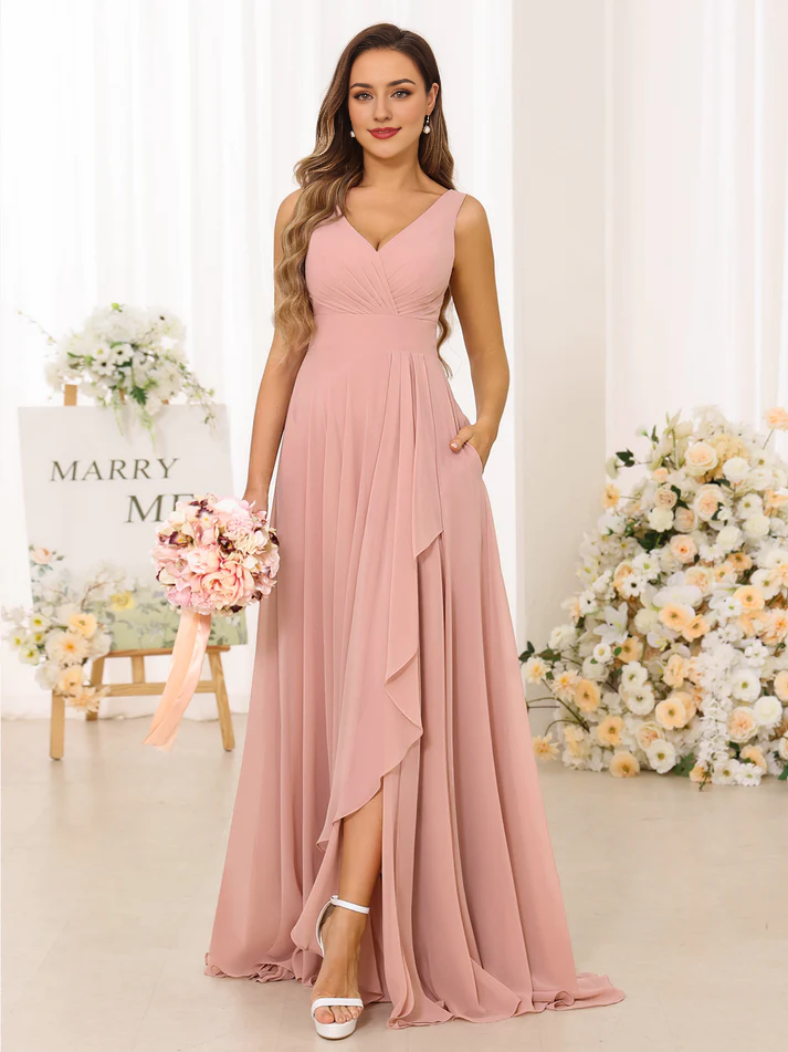 Chiffon Spaghetti-Strap V-Neck Ruched Bodice High-Slit A-Line Floor-Length Blush Pink Bridesmaid Dresses