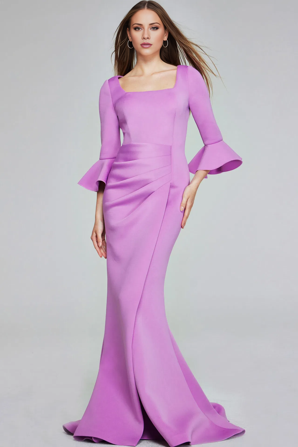 Lavender Crepe Sheath/column Floor-Length Gown with Square Neck & Bell Sleeves