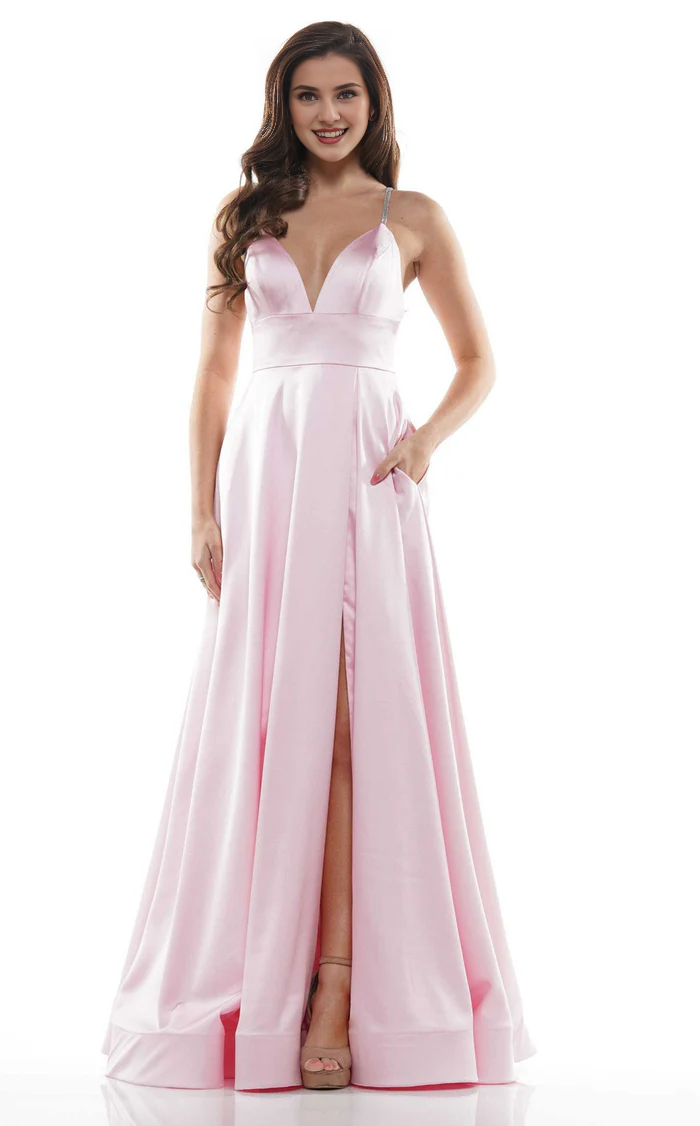 Sky Blue Satin A-Line Floor-Length Bridesmaid Dress with Deep V-Neck & High Slit