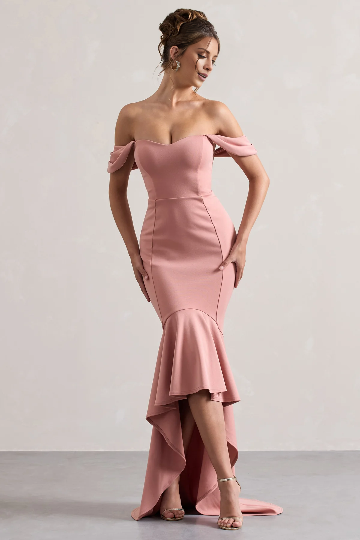 Vestido de noche rosa con escote en forma de corazón y largo hasta el suelo con dobladillo de hoja de loto - Vestido Jimiss 