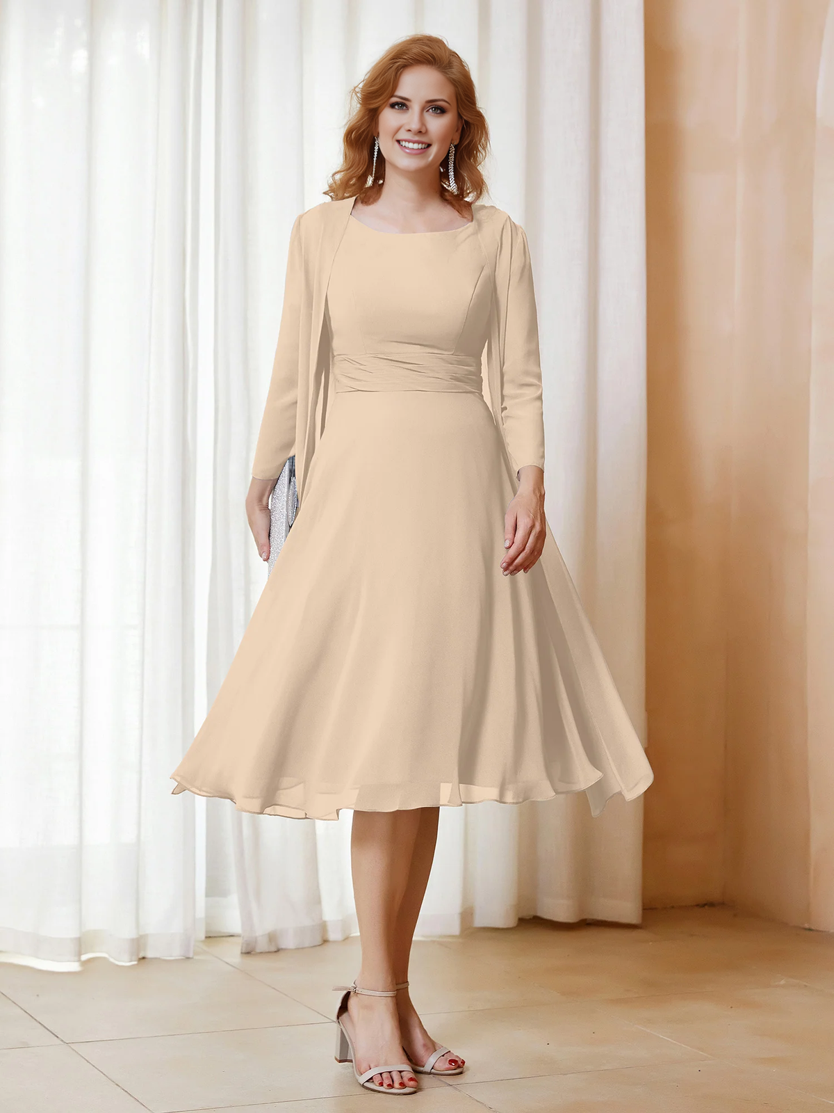 Dusty Blue Chiffon A-Line Tea-Length Evening Gown with Sheer Jacket