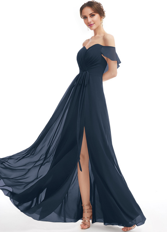 Vestido de dama de honor de gasa con volantes, corte A y largo hasta el suelo