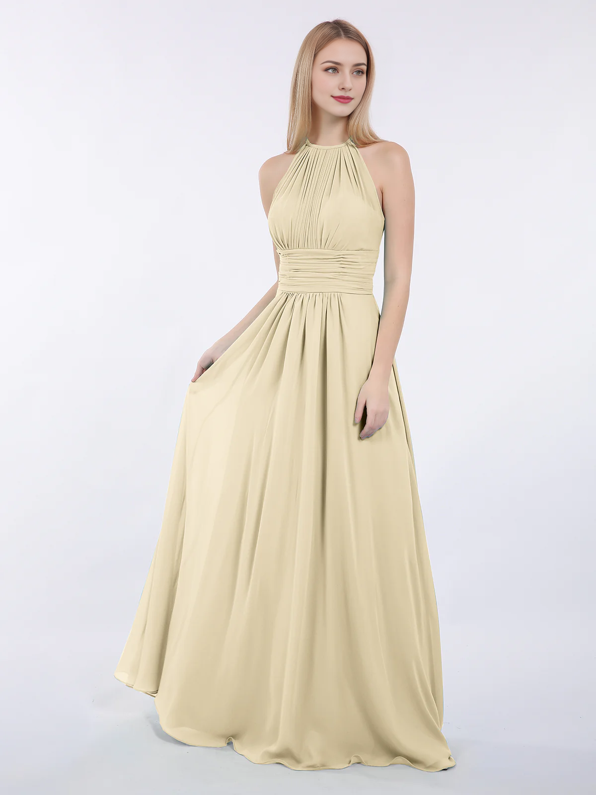 Mocha Chiffon A-Line Halter Neck Floor-Length Bridesmaid Dress with Pleated Bodice