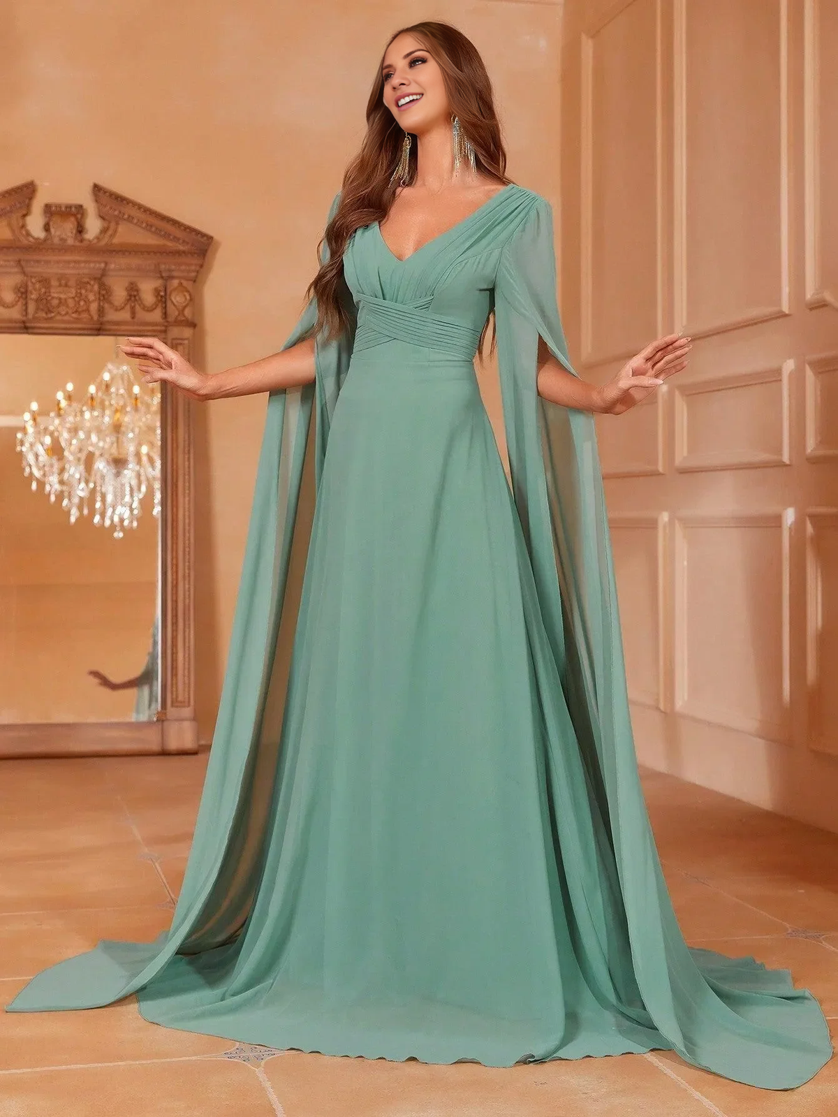 Blushing Pink A-Line Chiffon Gown with Cape Sleeves