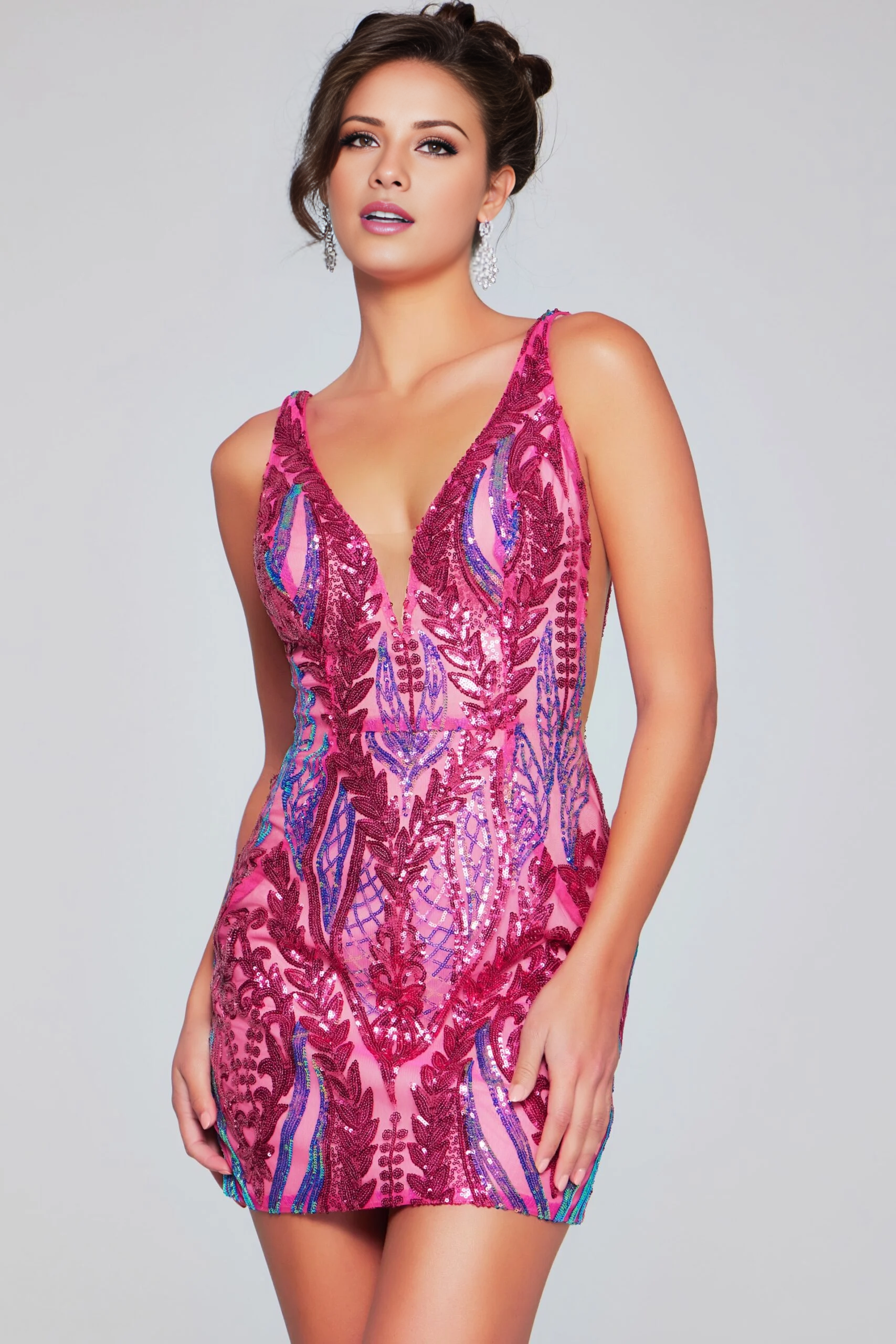 Vestido corto de fiesta con escote en V, transparente, color rosa brillante y arcoíris