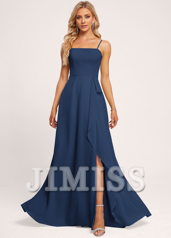 Vestido de dama de honor de gasa con volantes, corte A, cuadrado, largo hasta el suelo