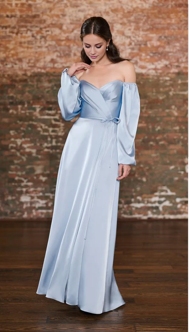 Vestido de fiesta Jimiss con escote cuadrado, hombros descubiertos, manga larga, espalda descubierta, abertura lateral y largo hasta el suelo