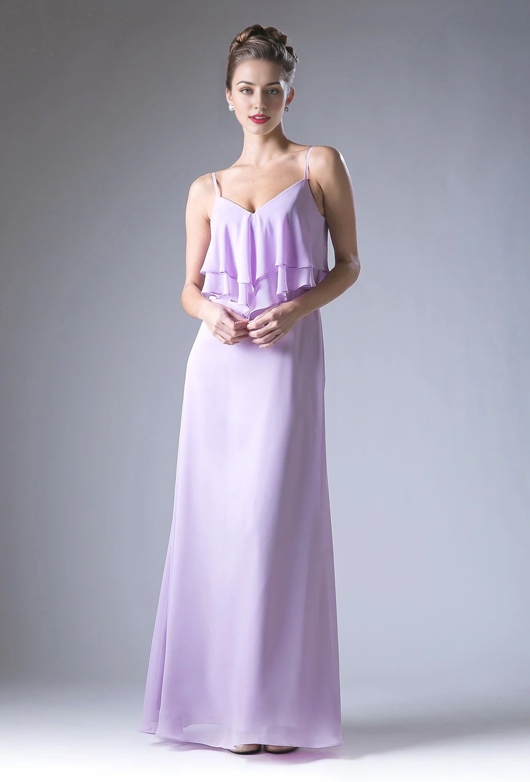 Red Chiffon A-Line V-Neck Floor-Length Bridesmaid Dress with Tiered Ruffles