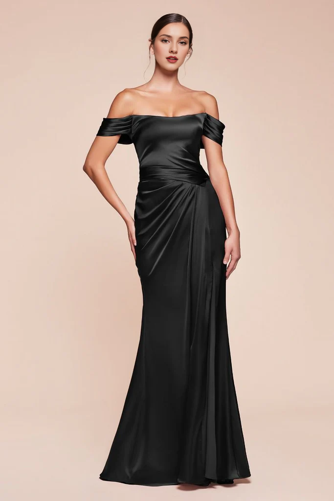 Cinnamon Satin Off-the-Shoulder A-Line Floor-Length Bridesmaid Dress