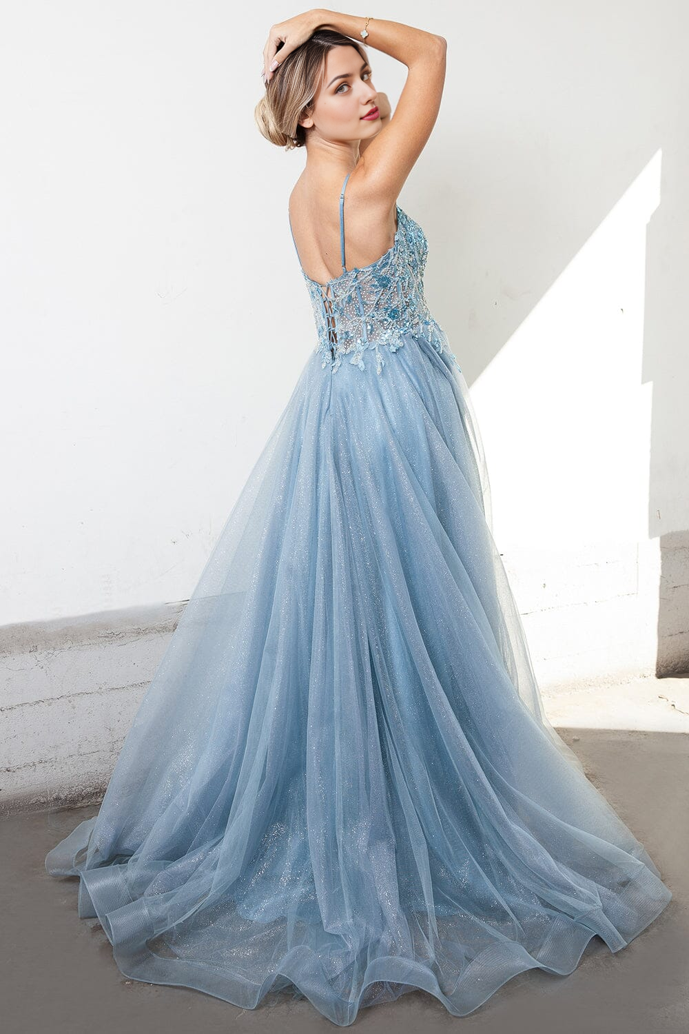 Dusty Blue Glitter Tulle A-Line Floor-Length Evening Dress with Sweetheart Neckline and High Slit