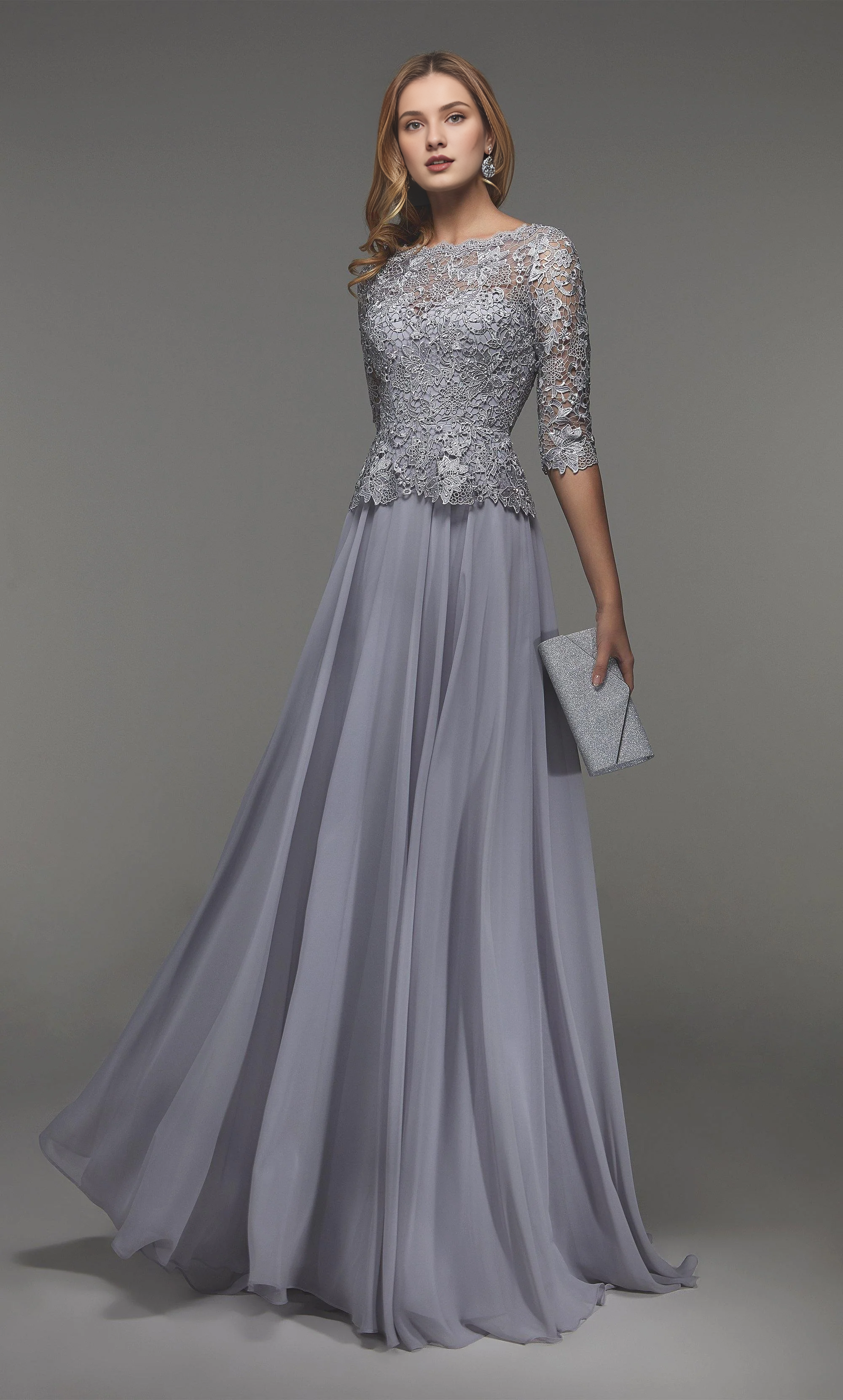 Silver Lace A-Line Floor-Length Bridesmaid Dress with Boat Neck & 3/4 Sleeves