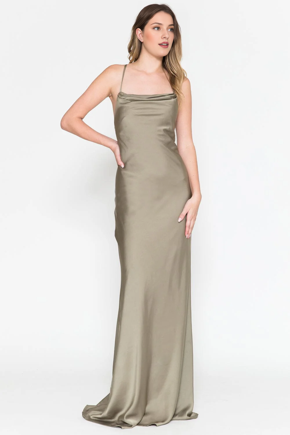 Long sleeveless high neck satin dress