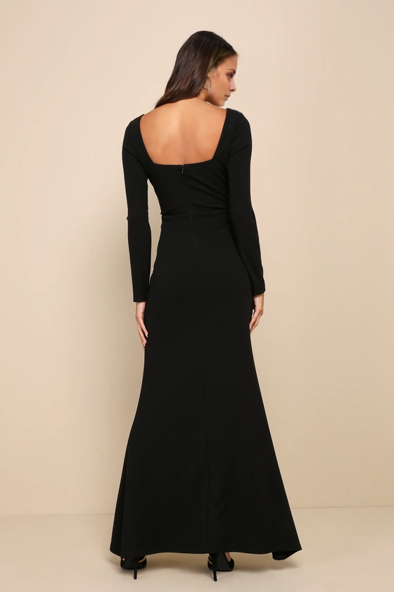 Jimiss square neckline off shoulder long sleeved backless side slit and floor length evening dress