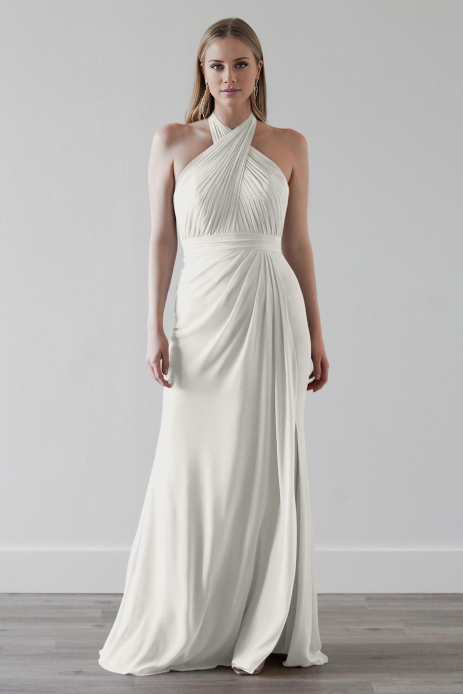 Vestido de noche Jimiss con cuello colgante, detalles plisados, espalda descubierta y largo hasta el suelo