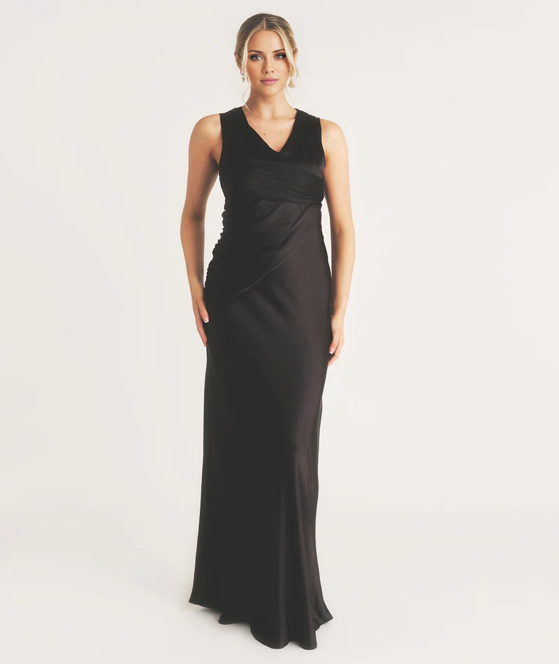 Black Satin V-Neck Sheath/column Floor-Length Dress with Draped Bodice