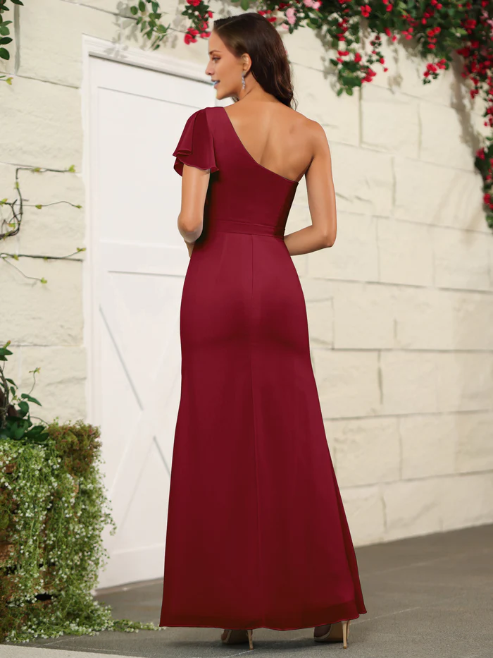 One shoulder slit chiffon long and floor length bridesmaid dress