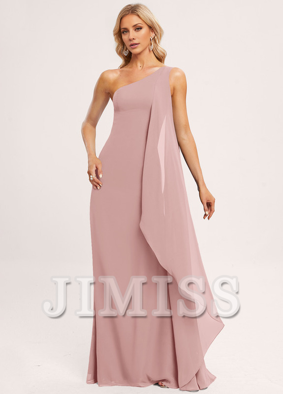 Vestido de dama de honor de gasa con volantes, corte A, un hombro al aire y largo hasta el suelo