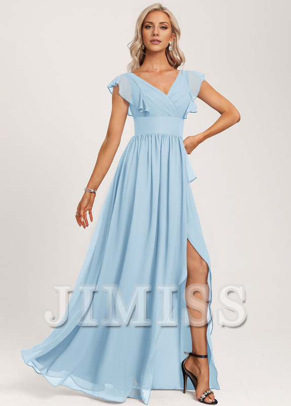 Vestido de dama de honor de gasa con volantes, escote en V y largo hasta el suelo