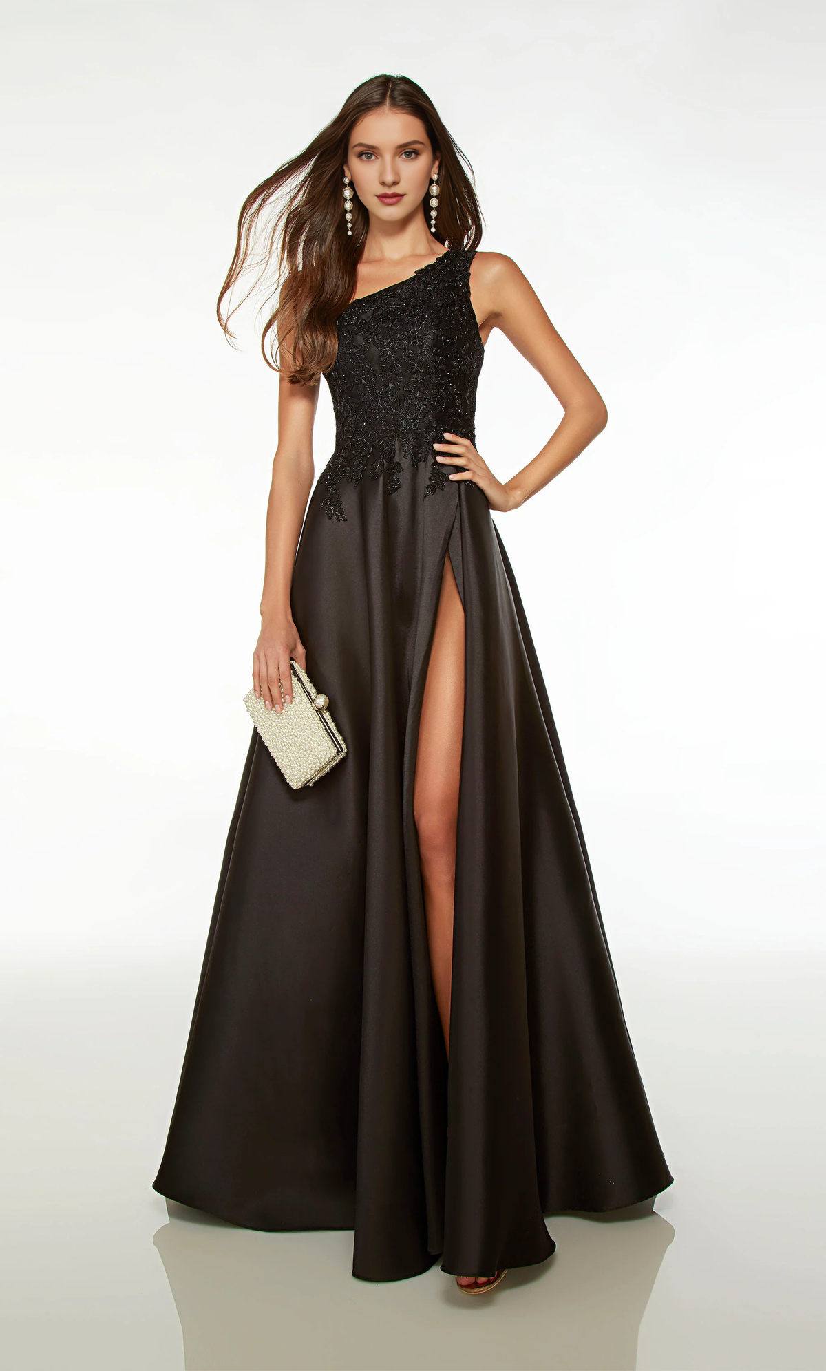 Vestido de noche largo formal de encaje con cuello de un solo hombro, corte A, espalda hueca y abertura alta