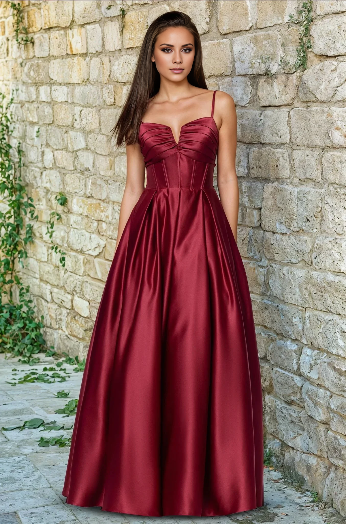 Vestido de noche Jimiss de corte A, escote en V, tirantes finos, espalda descubierta y largo hasta el suelo 