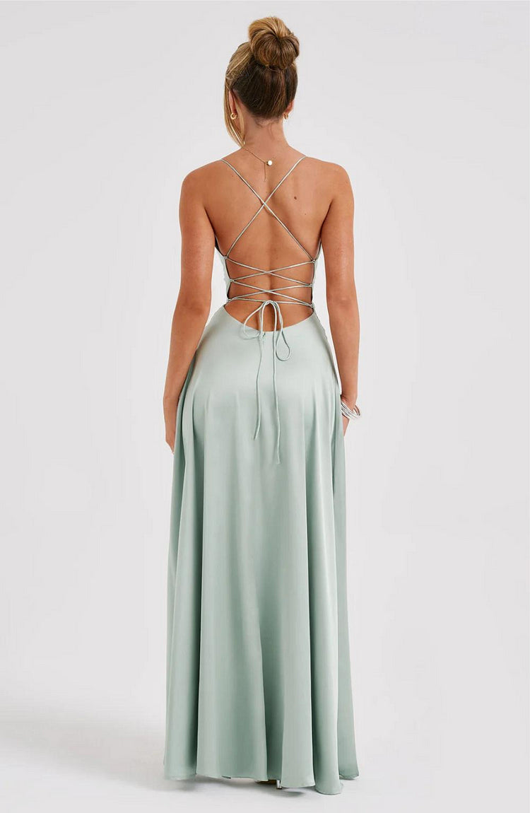 Sage Green Satin A-Line Floor-Length Bridesmaid Dress