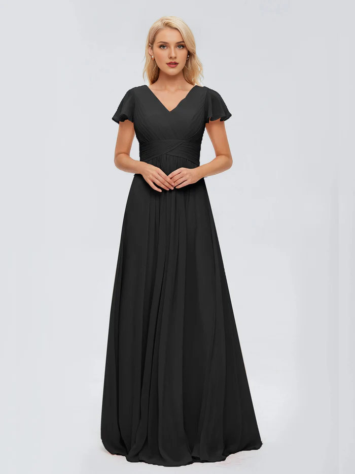 Burgundy Chiffon A-Line Floor-Length Bridesmaid Dress with Ruched V-Neck & Flutter Sleeves