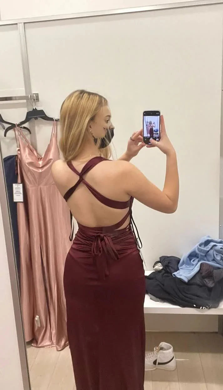 Vestido de fiesta largo con escote en V rojo vino sencillo de Jimiss, vestido formal de graduación