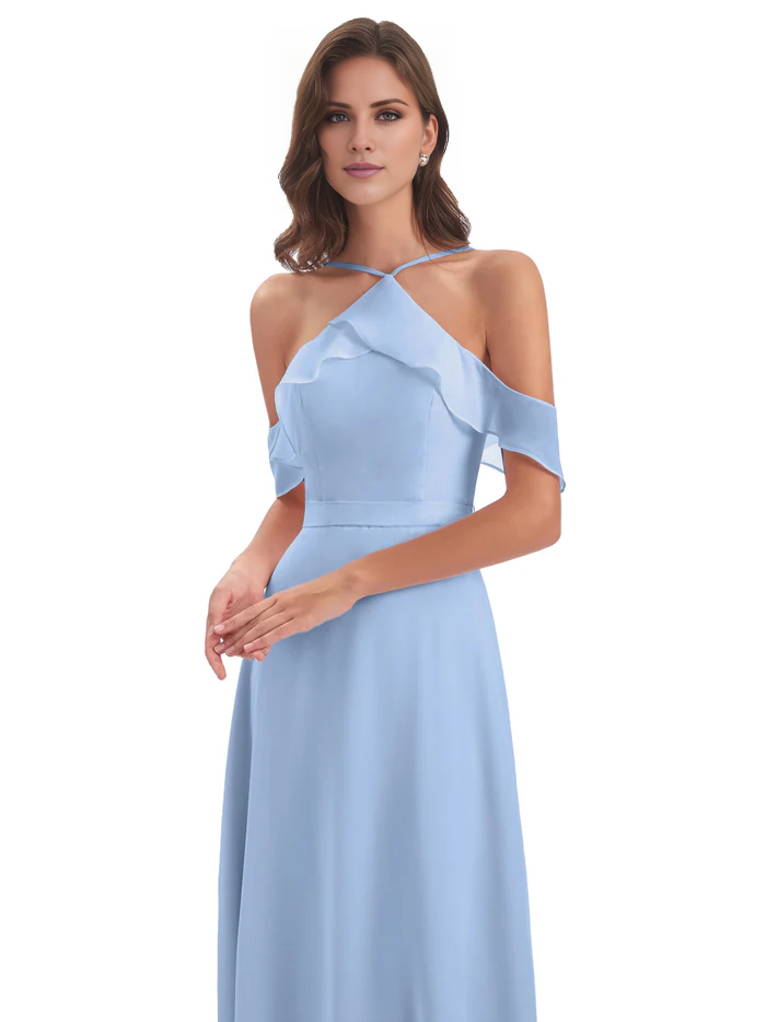 Tight off shoulder chiffon long and floor length bridesmaid dress