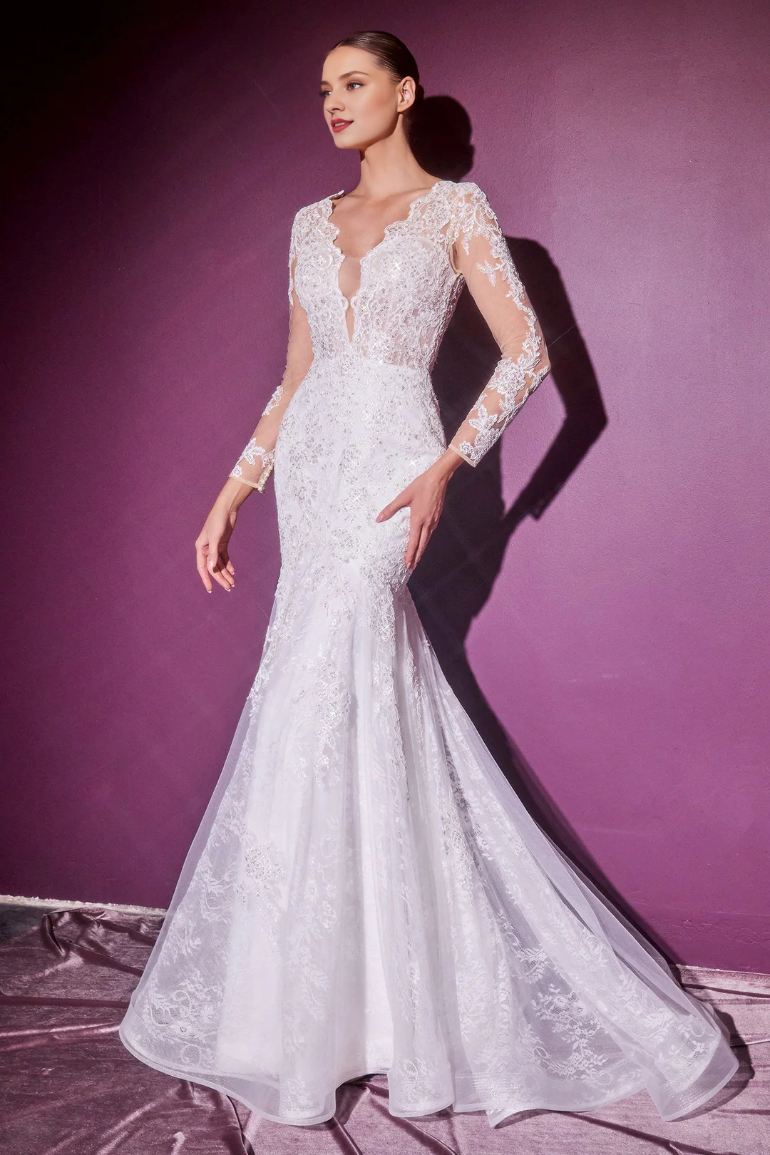 Vestido de novia de cola de pez con encaje y manga larga
