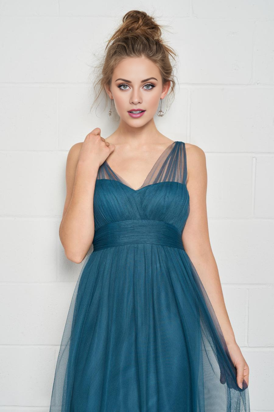 Teal Tulle A-Line Floor-Length Dress with Sweetheart Neckline, Ruched Bodice & Layered Skirt